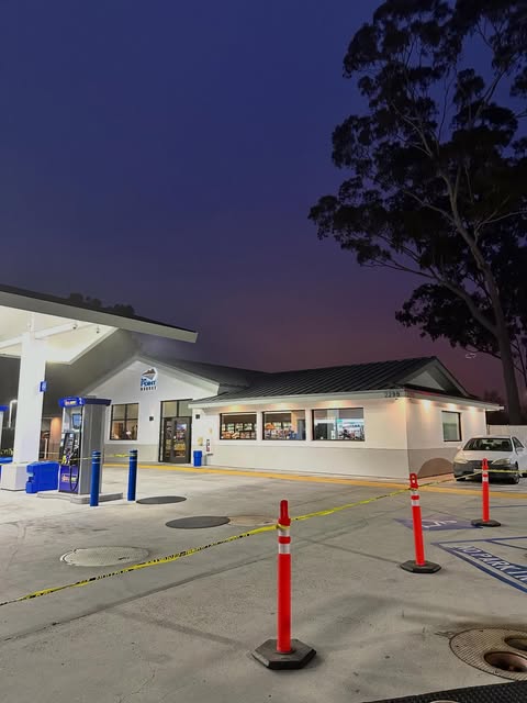 Station at dusk with a marked work area
